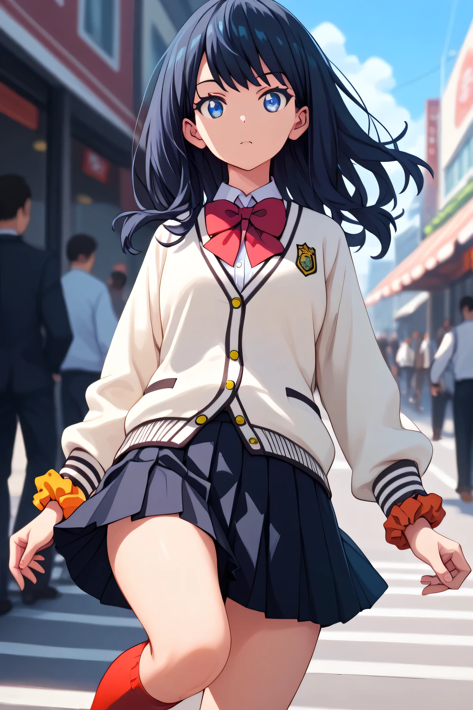 Score_9, Score_8_up, Score_7_up, Rikka Takarata, black hair, blue eyes, long hair, orange scrunchie, wrist scrunchie, black footwear, black skirt, bow, bow tie, buttons, cardigan, collared shirt, long sleeve, microskirt, pleated skirt, red bow, red bow tie, red socks, school uniform, shirt, shoes, skirt, socks, thighs, white cardigan, white shirt,, street market, vendors, street food, lively crowd, local flavor, lively, , looking towards viewer look, hands outstretched, knee up, arms down, solo, cowboy shooting, dutch angle