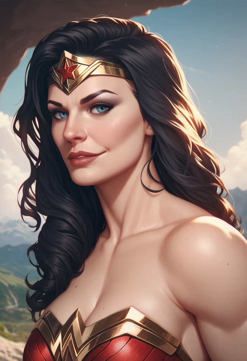 (masterpiece:1.3), (8k, Realistic, RAW Photos, highest quality: 1.4), ((One girl)), ((Gal Gadot, WONDER WOMAN)), Beautiful Face, (Realistic Face), Beautiful hairstyle, Realistic eyes, Beautiful fine details, (Realistic Skin), Beautiful Skin, Absurd, Charm, Ultra-high resolution, Ultra-realistic, Very detailed, Golden Ratio, (Best Shadow), Cinematic, (Complex:1.4), (Accurate hand and finger depiction), smile, Sweat, Flushing, Voluptuous body, NSFW ((Penis rubbing cheek)), ((1boy, 1penis:1.1)), BREAK ((Inside the ruins of a Greek temple)), (steam:1.2), cowboy shot