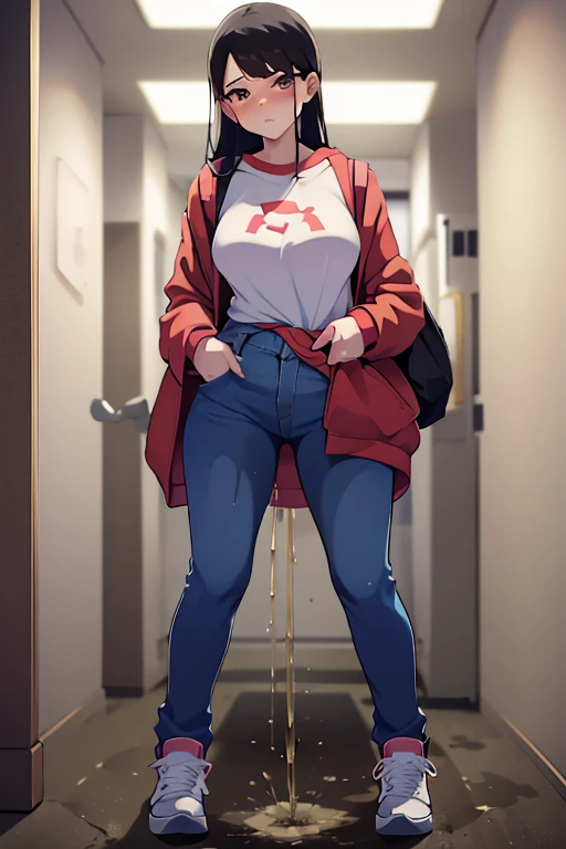 Draw a Japanese woman ,  peeing slightly lowered into a slightly dark alley ,  she is very embarrassed and looking at the viewer , SHE IS WEARING:  a long sleeve blue t-shirt that slightly exposes the lower part of her breasts,  a wet red coat tied around her waist ,  in wet black pants dripping , red sneakers. full body image.