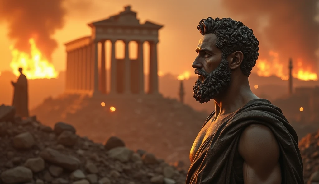 Epic image of a highly accelerated technological world with people addicted to social media and cell phone use with the presence of a stoic statue watching everything closely.