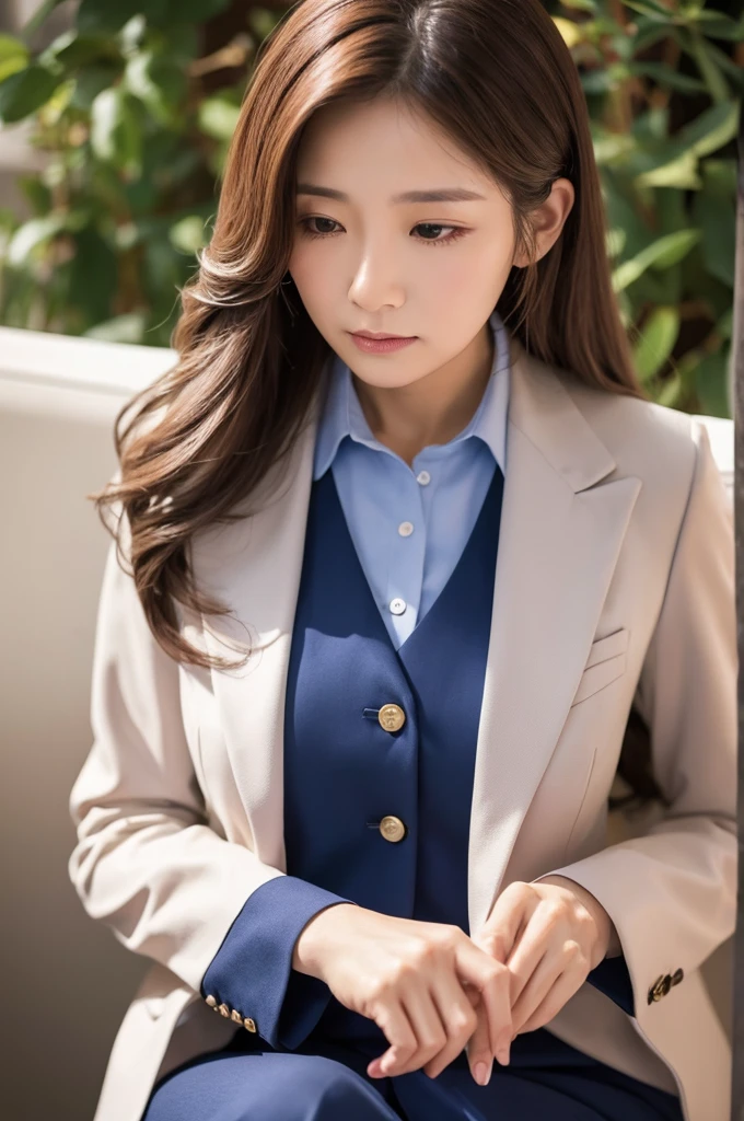 a beautiful face of a 26 year old actress, perfect proportions of woman's body, blazer is worn with formal shirt, woman's crotch and thighs, short skirt is worn with panties, panties are seeable because skirt is too short, at street in the city, nsfw, best quality, highly detailed, masterpiece, ultra high res, photo realistic, 8k, japanese