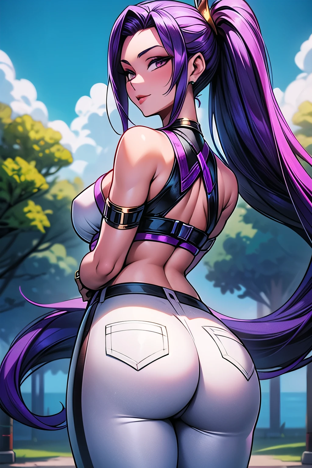  kai'sa Ligue dos Legendarios,  with back to the viewer , k/DA All Out kai'sa, white pants,  big ass,  long hair,  ponytail ,  perfect body, In a park ,  high resolution,  super detail , 8k,  Overview 