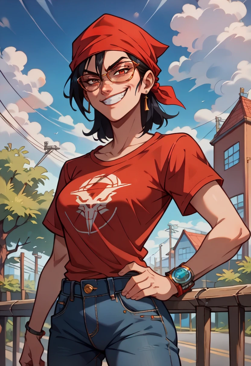  Pan, 1girl, solo, Smirk, red shirt, jeans, bandana, black Hair, (acclaimed, alluring, captivating, exciting, gorgeous, striking:1.3), (trending on CGSociety, trending on pixiv, contest winner:1.3)