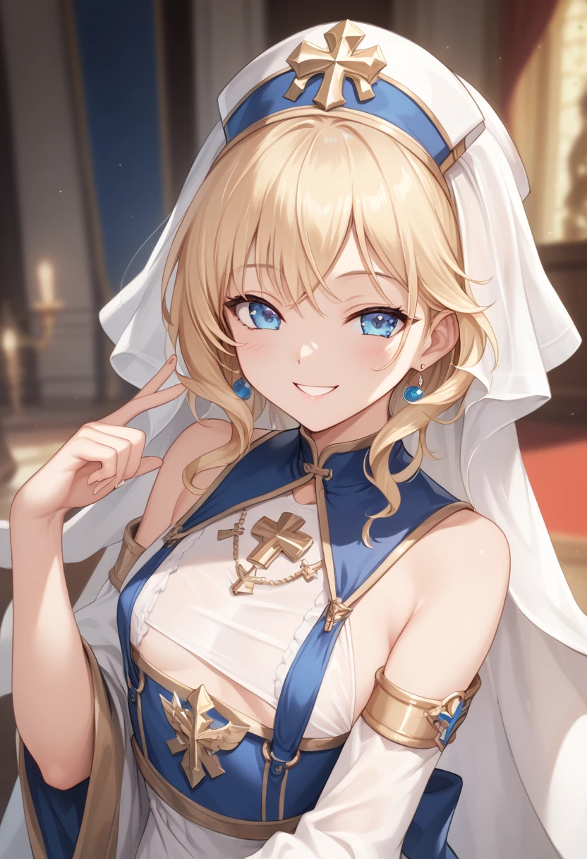 (blonde:1.2),(long hair with curls:1.25),(No bangs:1.25),(A crystal-like clear round gem in the middle of the forehead:1.3),(light pink and blue eyes:1.3),(clergyman:1.3),(White, light blue, blue, and navy blue monastic robes:1.3),(hat with a veil:1.25),(blush:1.2),(small breasts:1.65),(close up of face:1.2),(Front perspective:1.5),(A sphere like a crystal ball:1.45),(Luxury gold-framed arcana card motif:1.6),(Smile slightly:1.3),(close up of face:1.1),(NSFW:1.2)