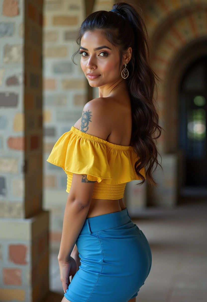 ((Colombian)), ((Aishwarya Rai, 28 ans, young)), Ethereal beauty, deep blue eyes, seductive smile, Long hair tied in tight ponytail, regard coquette vers la caméra, corps en forme, mediuml breasts ,(with the Simpsons tattoo) pose sexy dans une ruelle, detailed full body image, ((Dressed in&#39;a blue miniskirt and&#39;a yellow top)), contact lenses, double eyelids, ((regarder le spectateur)), full body photo , photo sous différents angles , Wear sexy high heels, Soft lighting, head of&#39;artwork, best quality, photorealistic, 8K, high resolution, realistic and detailed skin, 8K euh, digital SLR, Soft lighting, High quality, grain de film, Fujifilm XT3, boisson à la main