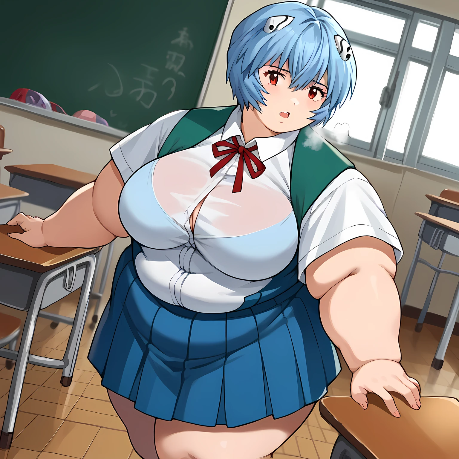 score_9, score_8_up, score_7_up, source_anime, reiayanami, rei ayanami, blue hair, short hair, red eyes, skirt, shirt, ribbon, school uniform, white shirt, short sleeves, red ribbon, neck ribbon, tokyo-3 middle school uniform, indoors, classroom, looking at viewer, cowboy shot, dutch angle, dynamic pose, fat, chubby, obese, gigantic arms and legs, large breasts open mouth, out of breath