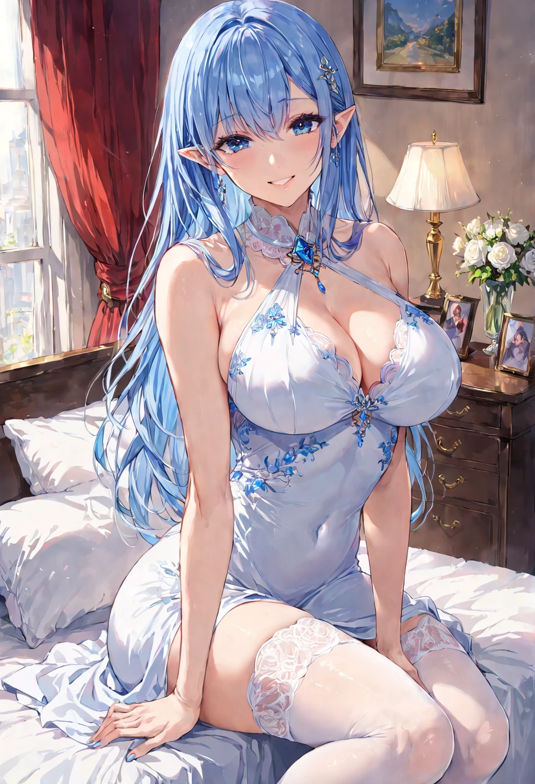 (best quality), (masterpiece), (illustration), (ultra-detailed), 1girl, solo, light blue hair, long straight hair, blue eyes, white dress, White slim stockings，Light blue high-heeled,  large breasts, close mouth, light smile, indoors, ((mature woman)), ((milf)), sitting, bed, nice hands, perfect hands,
Score_9, score_8_up, score_7_up. pointy ears, 
