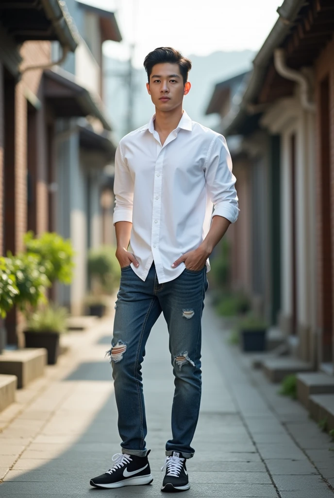 indonesian young man. male model, modern building, white sneakers, casual outfit, jeans, white ralph lauren shirt, posing for picture, photoshoot, natural, white skinned men, looking rich, big hotel terrace, view on sea.