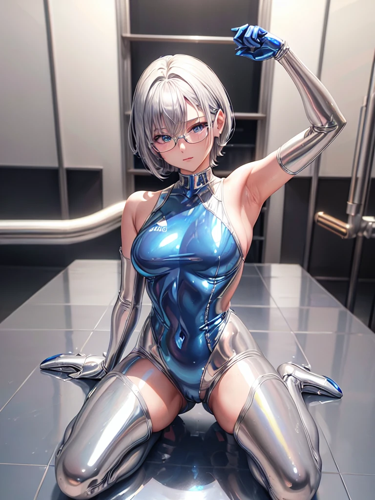 (( best quality)), ((masterpiece)), ( Details), (8k), (UHD), Close-up、 short hair、 blue eyes、 Silver Hair、Glasses、Spread your legs wide、Full body silver metallic enamel suitを着た美女、Full body silver metallic enamel suit