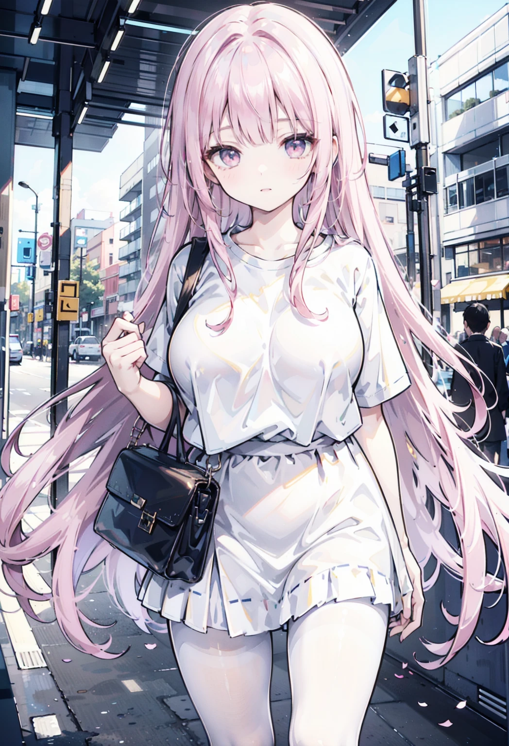 RAW photogr, Camera gaze, ((quality, 8K, tmasterpiece: 1.3)), Focus sharp: 1.2, white shirt, nifty features, The best smile, adorable smile, Beautiful Woman with Perfect Style: 1.4, Slim abs: 1.2, mitsukasa ayase,Purple eye,Pink medium long hair, Smaller,, (natural soft light, the city street: 1.1), Highly Detailed Face and Skin Textur, 詳細な目,