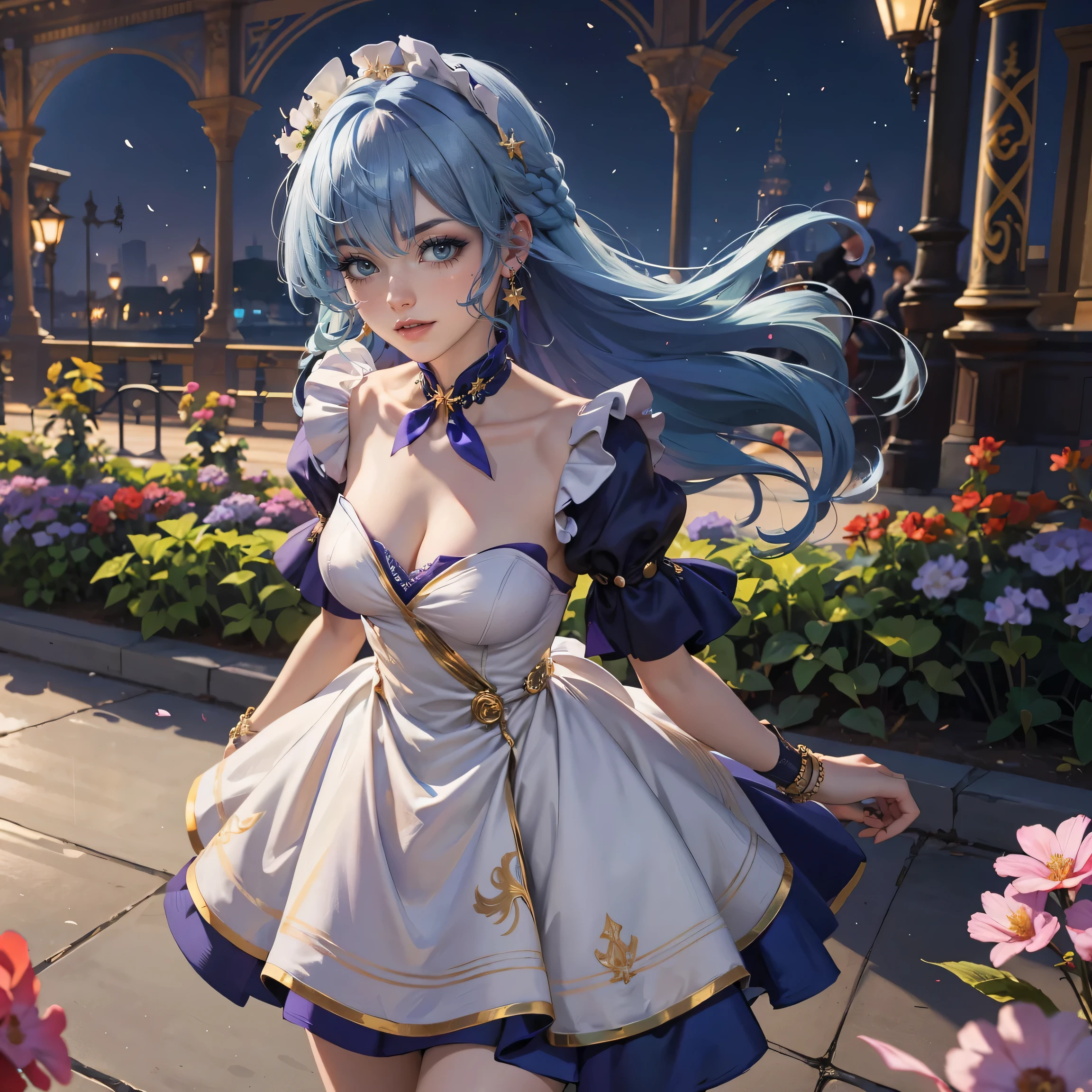Robin_(Honkai star rail), 1girl, dress, solo, collarbone, long flowing hair, blue hair, floating hair, ornament hair, perfectly body, gold jewelry, jewelry, maid, maid dress, perfectly hands, on garden, petals, white roses, centered girl, maid, maid dress, purple dress, maid apron, white apron, maid headdress, short skirt, more details on her clothes, stomach, dress with transparency, golden details, night, smiling, firefly, sparkling, Best quality, cleavage, small skirt, full Body