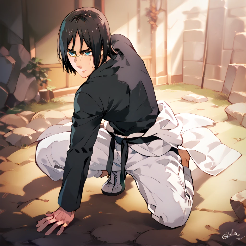 anime 2d, best quality, Eren Jaeger adult, man, best Definicion, cuerpo musculoso, a tight long sleeve black shirt ,  loose fitting white martial arts pants ,  a black girdle around the waist, tai chi sneakers on the feet, High resolution,  masterpiece, Anatomically correct, Details altos,Mirando al espectador, Preciso, UHD