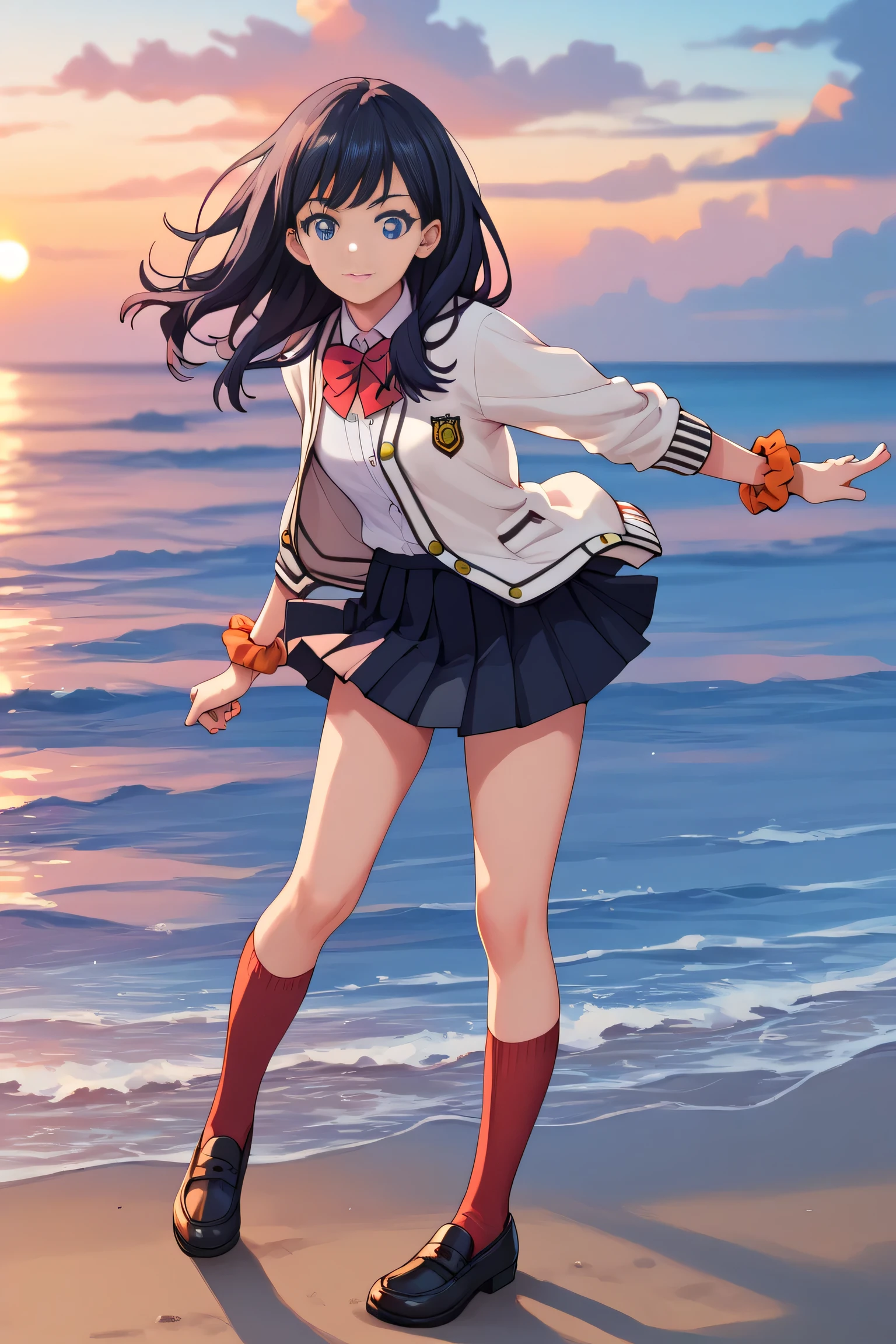 Score_9, Score_8_up, Score_7_up, Rikka Takarata, black hair, blue eyes, long hair, orange scrunchie, wrist scrunchie, black footwear, black skirt, bow, bow tie, buttons, cardigan, collared shirt, long sleeve, microskirt, pleated skirt, red bow, red bow tie, red socks, school uniform, shirt, shoes, skirt, socks, thighs, white cardigan, white shirt, Masterpiece, highest quality, high resolution, rikka, Rikka Takarada, coast, sea, sunset, wind 