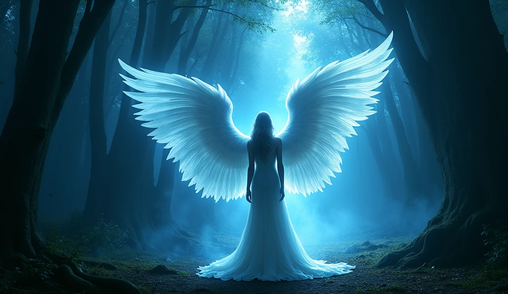 Create an image with angel wings on a black background with blue flames 