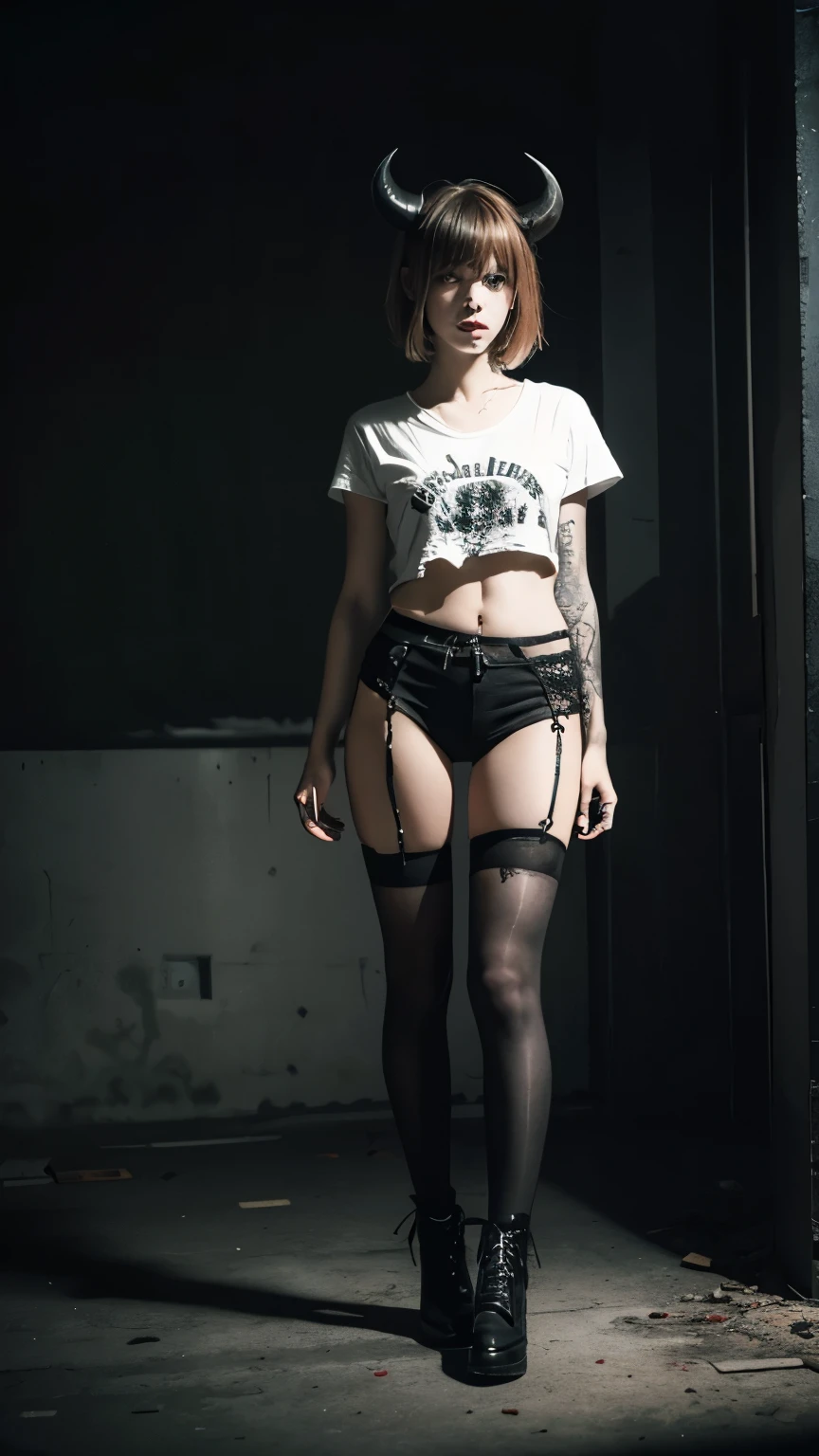(Best Quality,hight resolution,Masterpiece, full body front view:1.2),Ultra-detailed,demon woman dressed in black t shirt and white panties, t-shirt and high wasted panties,sickly,standing on a punk background, white panties, black punk style t-shirt, punk demon girl, centered subject,gloomy ecstasy,fetish,dark fashion photography, creepy but sexy, gritty texture,devil horns,warped reality,melancholic expression on her face,mysterious aura,foggy atmosphere,foggy red background,red color palette,provocative pose,Strong emotions,Coming Out of the Depths of Despair,Piercing gaze,intense shadows,Plunged in Darkness,dark industrial aesthetic,ominous vibe,A supernatural sensation,Loss of Place in Time and Space,Eerie silence.asymmetrical bangs, freckles, blonde short hair, Bangs, freckles, gray eyes,