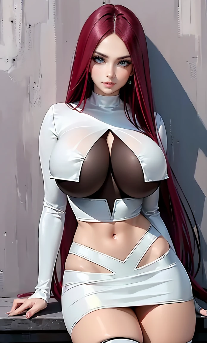 ( best quality, Highly Detailed:1.3), (  masterpiece :1.3), ((official art)),   detailed face, beautiful face, ( detailed eyes,  perfect eyes, deep eyes), (1 :1.33, Alone),  full body , Jessica\(pokemon\), ( very long hair , nsfw, ((( Big breasts ))),  narrow waist,  red hair ,  hair combed back :1.2), (cyan eyes), toys,  Licking lips, Team Rocket, Team Rocket outfit, white crop top, white mini skirt, isfragma, navel,  black elbow gloves , black thigh high heel boots, (cowboy shot:1.3), (shirtless,  lifting the skirt , sitting on the wall, is,  detailed background :1.2)