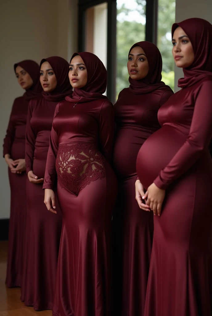 Five women, black hijabs, only tits are visible through the ripped holes in the dress, they are all pregnant