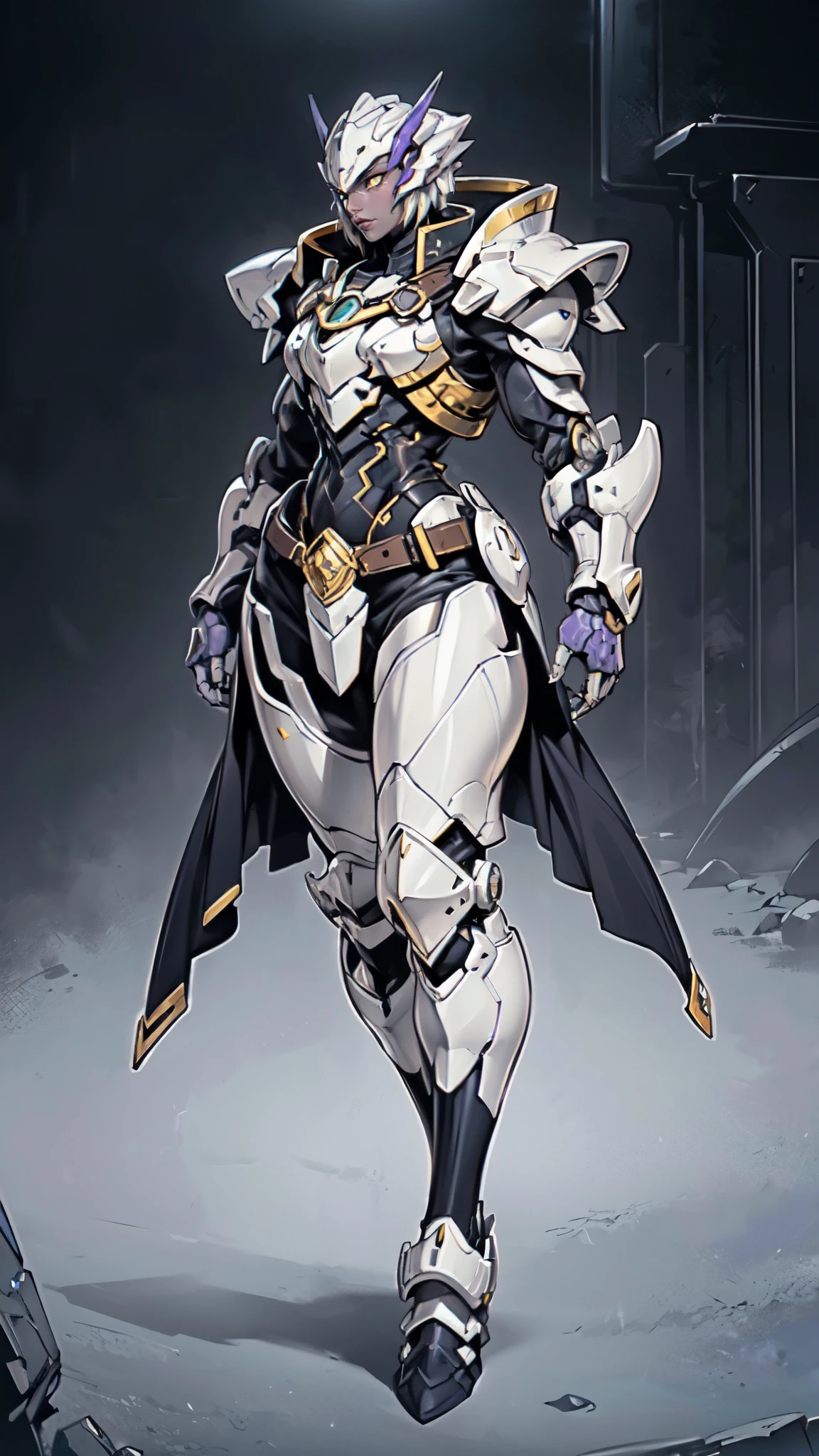 (masterpiece:1.5, best quality:1.5, extremely delicate:1.5), a woman wearing a full-face helmet, high-tech biomimetic armored combat suit, (a composite layered chest armor), the design balances heavy with agility, fully enclosed shoulder guards, matching arm and leg guards, a belt of gemstone, (the color scheme is primarily Purple with Blue and Yellow accents, Organic Biotech, Concept Inspired by succubus, glowing eyes, armor glows), stand of a futuristic sci-fi city, this character embodies a finely crafted fantasy-style armored hero in anime style, exquisite and mature art style, metallic, high definition, highres, ultra-detailed, ultra-fine painting, professional, perfect body proportions, golden ratio, anatomically correct, symmetrical face, extremely detailed eyes and face, high quality eyes, creativity, RAW photo, UHD, 32k, Natural light, cinematic lighting, (masterpiece-anatomy-perfect:1.2)