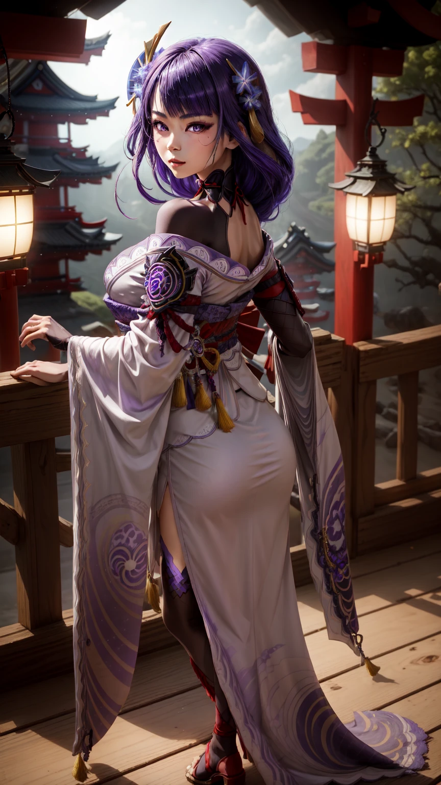 masterpiece, best quality, ultra high res,photon mapping,best shadow,portrait,beauty detail,ultra high detail,long purple hair,single braid,blunt bangs,medium breasts,city,chinatown,downtown,see through, short dress, low cut:2, hair ornament, earrings, necklace, portrait, silver dress:2, looking at viewer,solo,professional light, detailed skin,