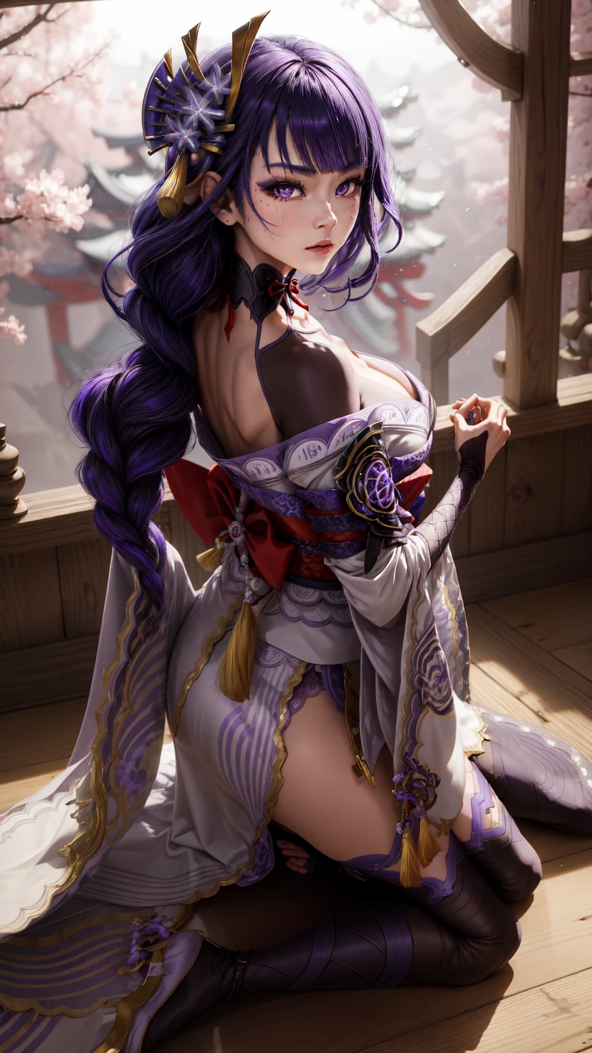 beautiful detailed eyes, beautiful detailed lips, extremely detailed eyes and face, long eyelashes, 1girl, Raiden Shogun, Raiden Ei, Genshin Impact, Japanese , modest, fully covering, braided ponytail, standing, serene, Japanese food shop, calm, detailed, photorealistic, hyper detailed, (best quality,4k,8k,highres,masterpiece:1.2),ultra-detailed,(realistic,photorealistic,photo-realistic:1.37),professional, vivid colors, studio lighting