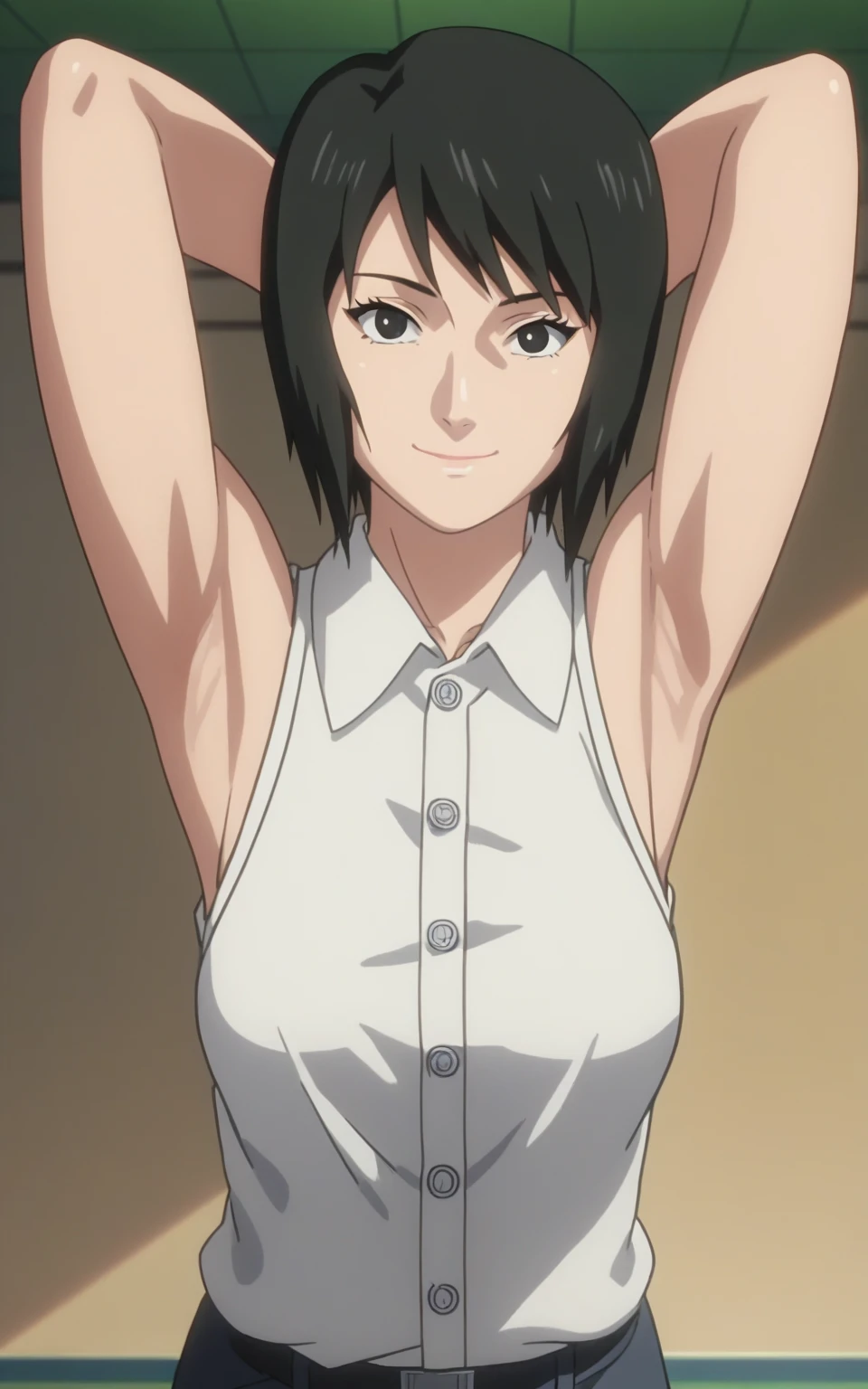 score_9, score_8_up, score_7_up, source_anime, anime screencap, 1girl, solo, shizune, mature, short hair, white shirt, sleeveless shirt, collared shirt, buttons, sleeveless, bare shoulders, bare arms, arms behind head, armpits, from above, looking at viewer, head towards viewer, smile, closed mouth, badhandv4, indoors 