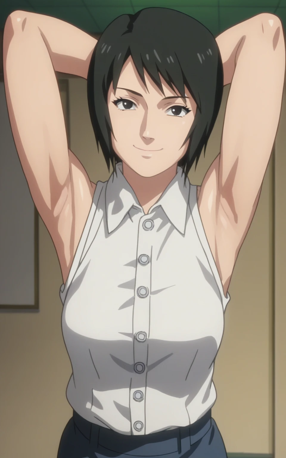 score_9, score_8_up, score_7_up, source_anime, anime screencap, 1girl, solo, shizune, mature, short hair, white shirt, sleeveless shirt, collared shirt, buttons, sleeveless, bare shoulders, bare arms, arms behind head, armpits, from above, looking at viewer, head towards viewer, smile, closed mouth, badhandv4, indoors 