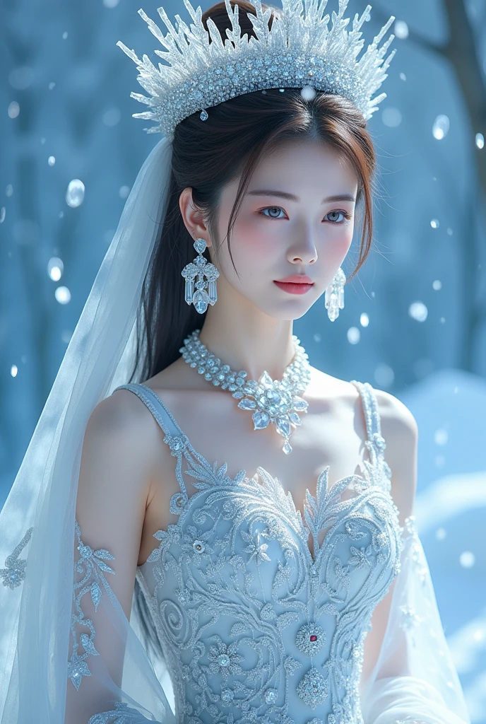  images of the mysterious Ice Queen ,  Japanese woman in an elegant dress with crystals and a classic snowflake pattern, The dress is embroidered with silver thread and ,  her chest and skirt are decorated with real cube-shaped crystal crystals ,  detailed decorations ,  There is a magnificent headdress made of cube-shaped crystal crystals around her head ,  and a large crystal crystal necklace on the neck ,  large cube-shaped crystal necklace on her neck ,  cube-shaped crystal earrings on her ears ,  matches the overall theme ,   Her expression is gentle and noble , Her gaze radiates kindness and elegance , Blue background,  The background is cubic crystal crystals pouring down ,  which accentuate the white and transparent shades of her outfit ,  detailed skin, 