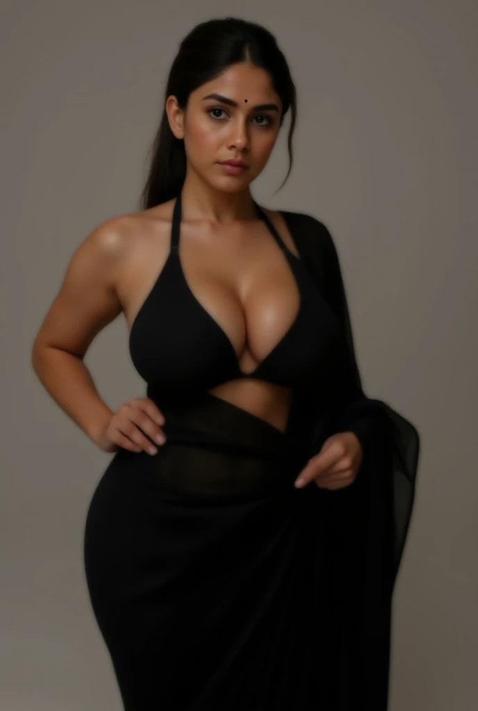 Full body,front view, indian,big boobs,curvy body,saree black,v-shaped black bra,deep cleavage,ponytail,standing position,realistic