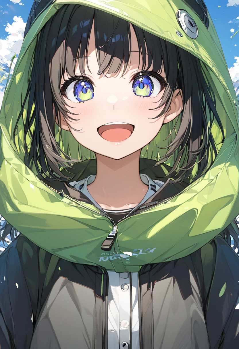 masterpiece, best quality, score_9, score_8_up, girl, ite, smile, open mouth, jacket, outdoor,
