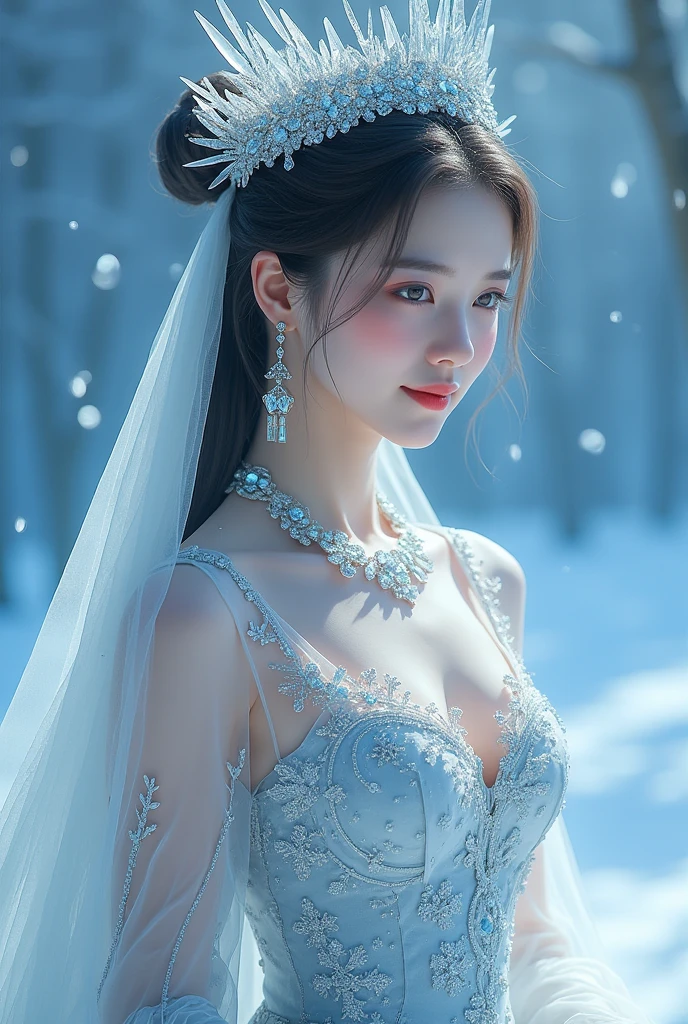  images of the mysterious Ice Queen ,  Japanese woman in an elegant dress with crystals and a classic snowflake pattern, The dress is embroidered with silver thread and ,  her chest and skirt are decorated with real cube-shaped crystal crystals ,  detailed decorations ,  There is a magnificent headdress made of cube-shaped crystal crystals around her head ,  and a large crystal crystal necklace on the neck ,  large cube-shaped crystal necklace on her neck ,  cube-shaped crystal earrings on her ears ,  matches the overall theme ,   Her expression is gentle and noble , Her gaze radiates kindness and elegance , Blue background,  The background is cubic crystal crystals pouring down ,  which accentuate the white and transparent shades of her outfit ,  detailed skin, 