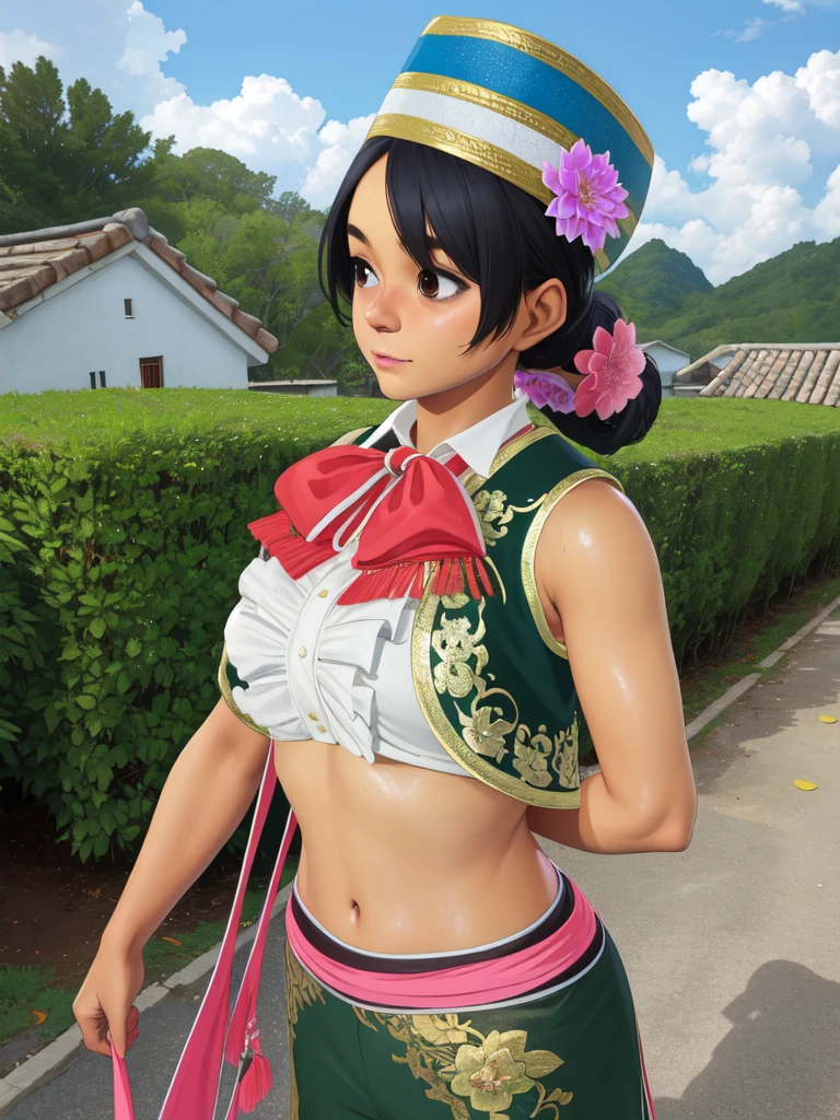 Lily, black hair, Brown Eyes ,
Cropped vest,bow,sash, sleeveless,White handbag,abdomen,Sombrero, hair flower,
 standing, upper body,
village,Mexico,morning,
( very detailed,   Masterpiece ,  best quality),Alone,