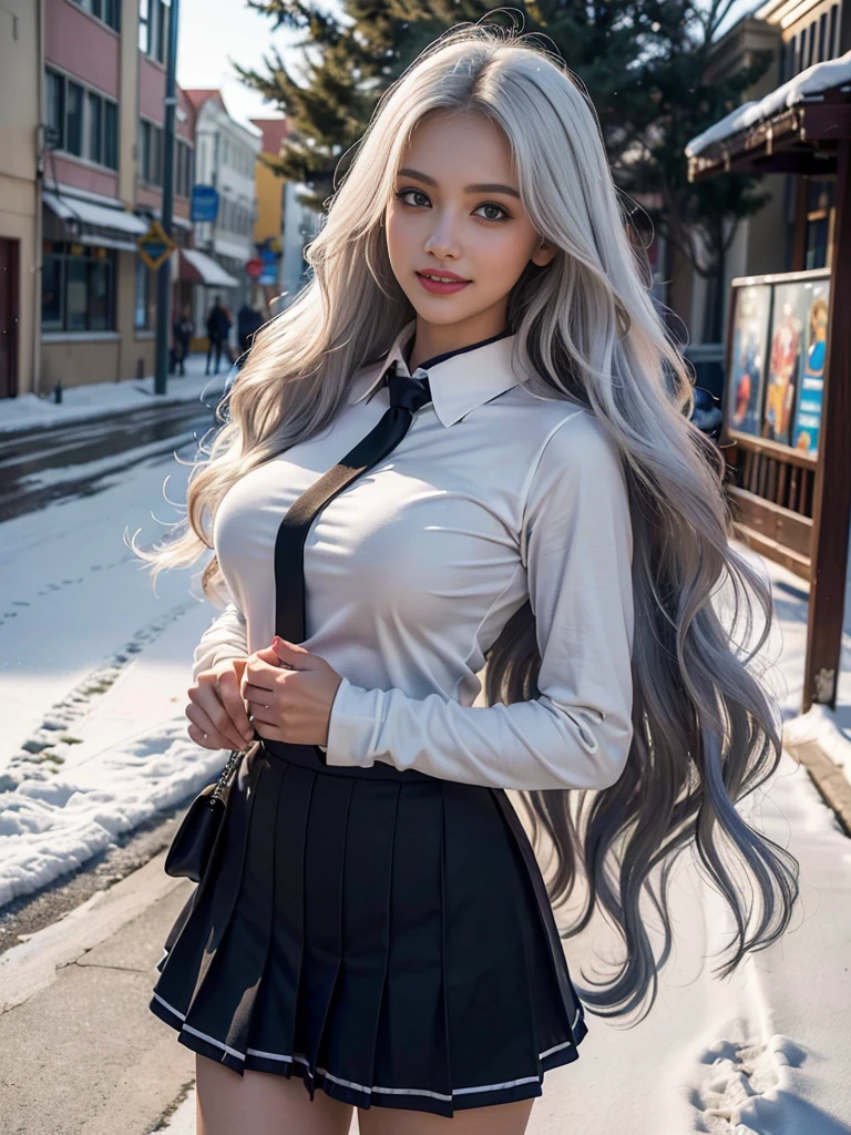 (Group photo of a trio of Russian schoolgirls with super beautiful white hair:1.2)( Arabian Sexiest Woman Wearing Clothes )(Smiling:1.2)(16k,  RAW photos ,  best quality, masterpiece: 1.2),( glossy wavy long hair greatly disturbed by the wind :1.1)  super detailed,  super resolution, (Genuine, Genuine photos: 1.37), Portraiture,  high-resolution RAW color photo ,  professional photos,  very detailed, 8k wallpaper,  very detailed CG Unity 8k wallpaper,  very detailed beautiful girl,  very detailed faces,( Tel Aviv in the blizzard :1.2)(Tight school uniform:1.2)(whole body)(Skinny but big boobs:1.1)(かわいいタイトな半袖School uniform style outfit:1.2)School uniform style outfit,light gray eyes,from side,Winter student coat ,