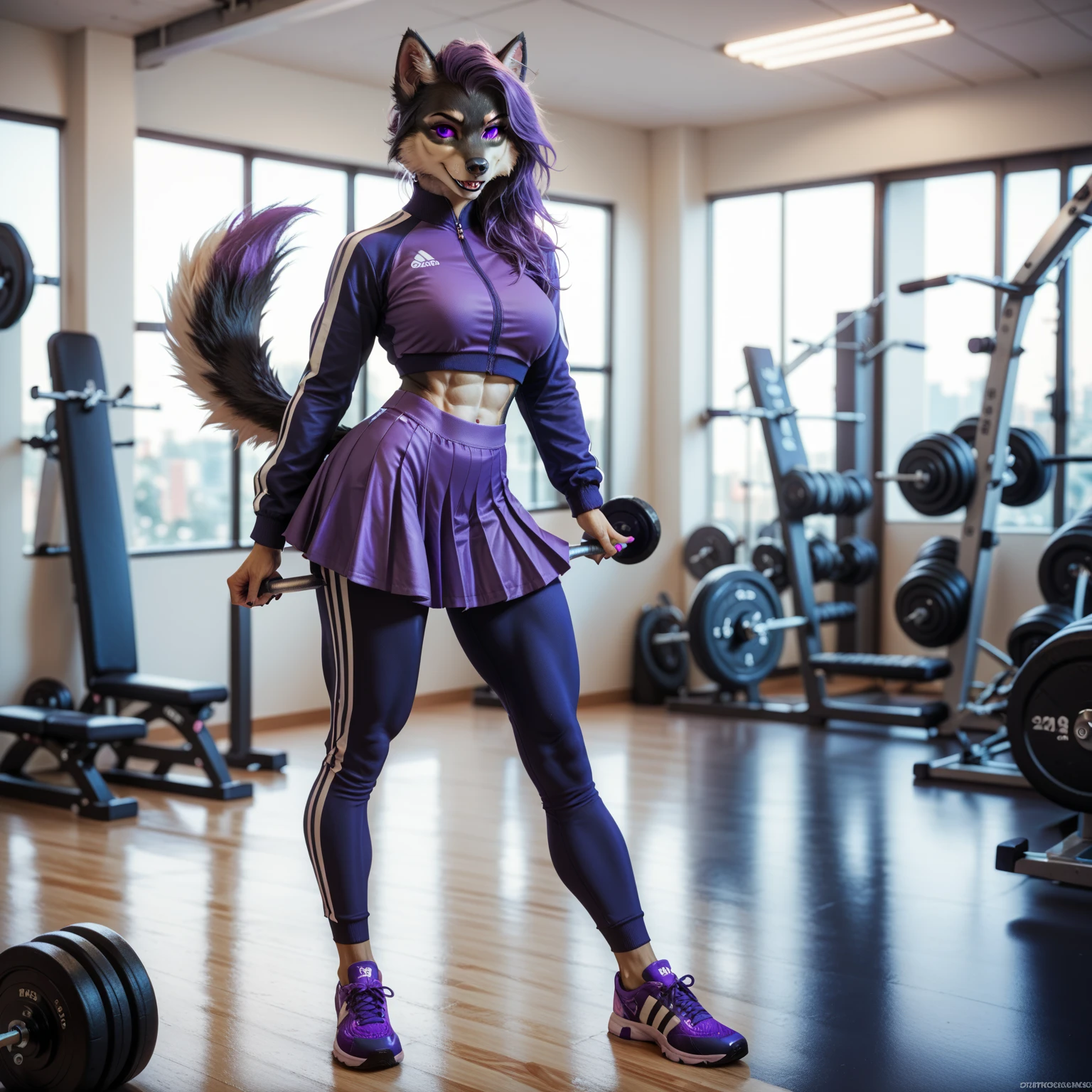 anthropomorphic_solo_black wolf girl_(20)_ skirts_ Athletic figure _Athletic thighs_detailed face _smiles_ blue-purple hair_ purple eyes _ tracksuit_shoes_stands in the gym_ looks at the viewer.