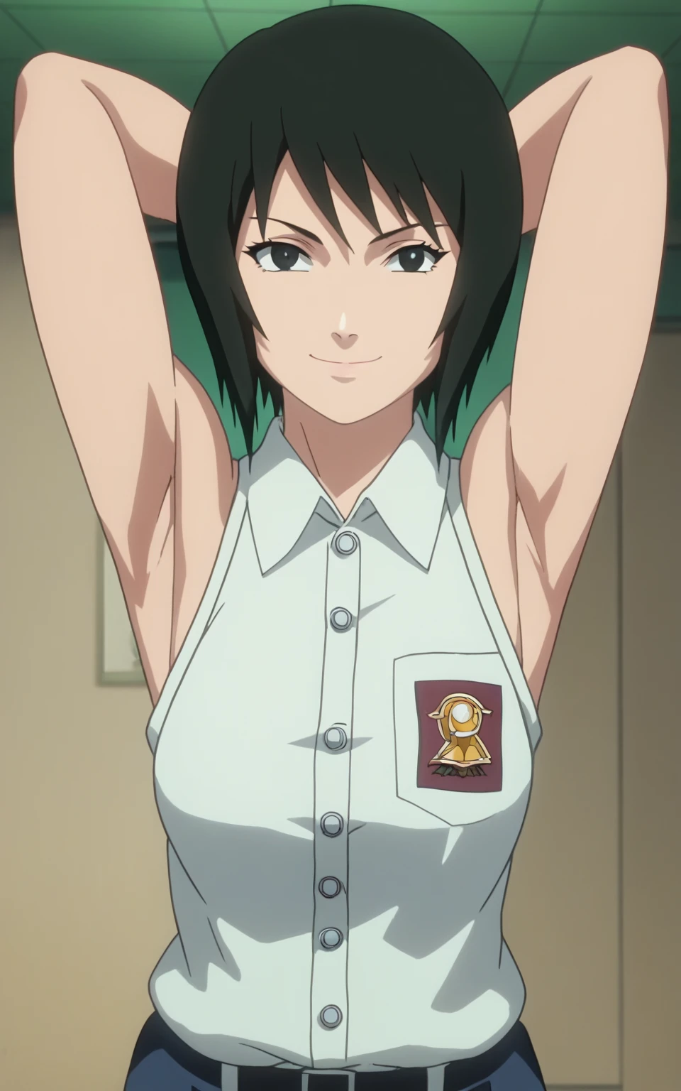 score_9, score_8_up, score_7_up, source_anime, anime screencap, 1girl, solo, shizune, mature, short hair, indonesian highschool outfit, sleeveless shirt, collared shirt, buttons, sleeveless, bare shoulders, bare arms, arms behind head, armpits, from above, looking at viewer, head towards viewer, smile, closed mouth, badhandv4, indoors 