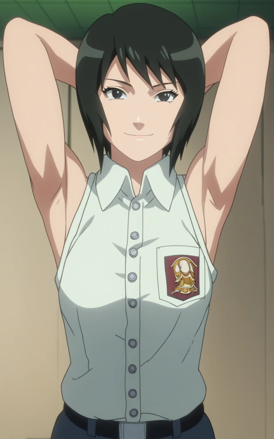 score_9, score_8_up, score_7_up, source_anime, anime screencap, 1girl, solo, shizune, mature, short hair, indonesian highschool outfit, sleeveless shirt, collared shirt, buttons, sleeveless, bare shoulders, bare arms, arms behind head, armpits, from above, looking at viewer, head towards viewer, smile, closed mouth, badhandv4, indoors 