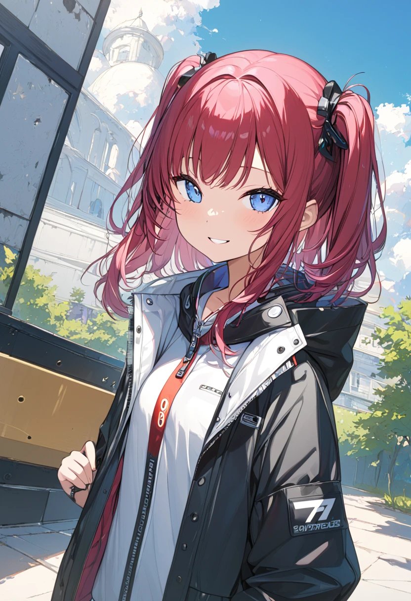 masterpiece, best quality, score_9, score_8_up, girl, petite, seductive smile, jacket, outdoor,