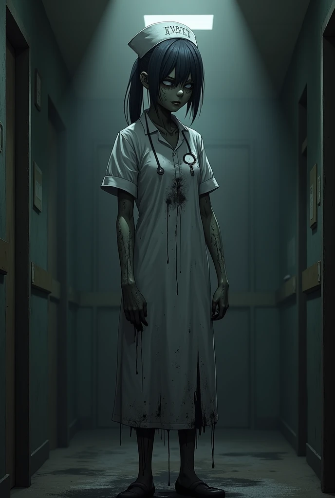 A male ager. He is wearing a torn and dirty white dress. His skin is completely blue. His lips are black. His hair is white and a little long. He has a black blindfold and is leaking blood. He is barefoot and his feet are covered in blood, as is the dress. There are barbed wires stuck in various parts of his body. Among them are his arms, his middle and his neck. The floor is covered in black roses. The wall is old and worn out. It has a missing person poster and a phrase written in blood. I had dreams and hopes. What did you do to this? He has a crown made of barbed wire. The image must be in anime.