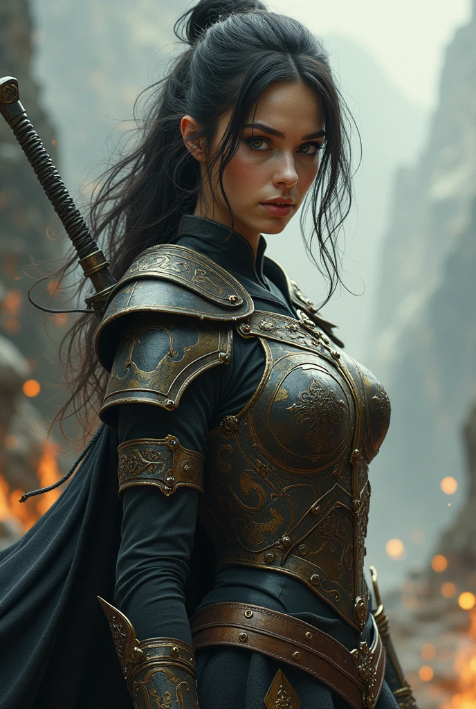 Beautiful and Exquisite female warrior, exquisite eyes, delicate lips, very detailed face and body, long black hair, (sword swinging: 1.4), (motion blur effect to express the movement of the female warrior: 1.6), wearing armor, against the background of a dark and gloomy night forest, anatomically correct body structure, anatomically correct fingers, dramatic lighting and shadows, (highest quality, 4k, 8k, high resolution, masterpiece: 1.2), ultra detailed, (realistic, photorealistic, photorealistic: 1.37), dark fantasy, dramatic lighting