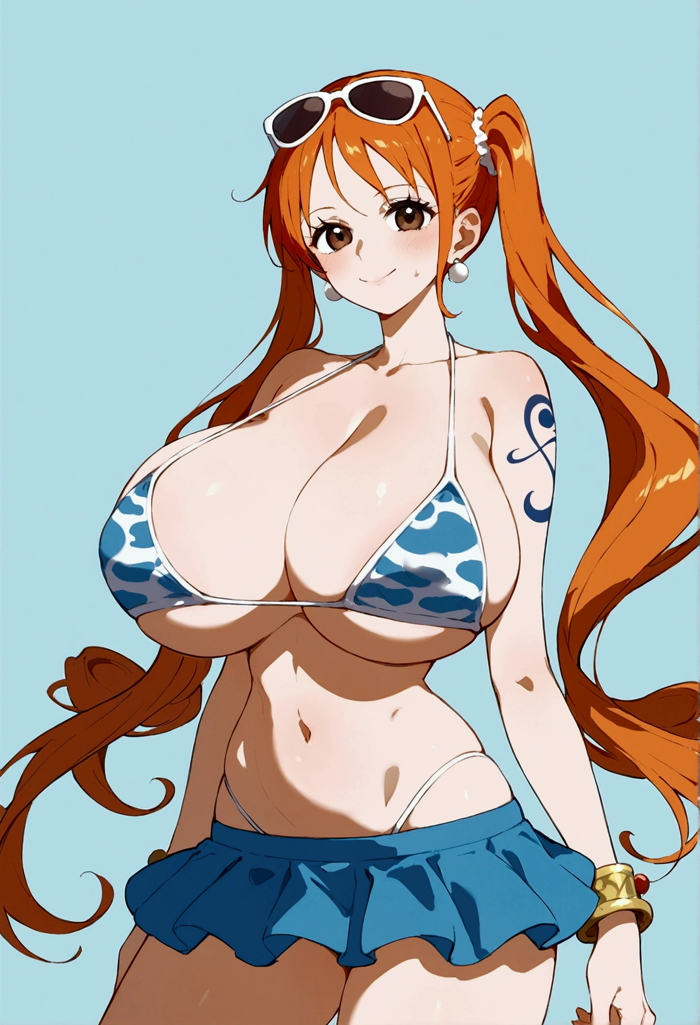   score_9,   score_8_up,   score_7_up,   source_Anime BREAK 、Mature 1 girl、Nami、 Long Hair、 twin tails、（ Brown Eyes ：1.5）、 orange hair、（amount：1.2）、 huge breasts、bulging nipples
Navel 、 cleavage、 jewelry、clavicle、 swimsuit、bikini、 earrings for a woman alone、abdomen、 bracelet 、 crop top、Tattoo、 sunglasses、bikiniトップのみ、Glasses on head、Bangles、Waist clothes、 skirt、チェック柄 skirt、 is sweating、Estrus season、 cute、