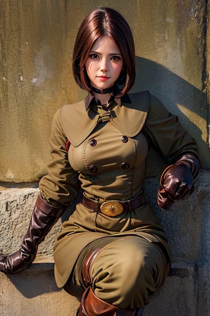 1woman, beautiful, military uniform, detailed, pants, belt, large breasts, Brown eyes, long brown hair, long gloves, Ireland woman face, MASTERPIECE, beautiful face, sexy body, Full body, look at viewer, detailed, Full body, long boots
