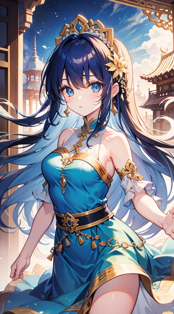 Hollow eyes、One Length、Cambodia、National costume blue、Background Angkor Wat、smile、Pastel Theme