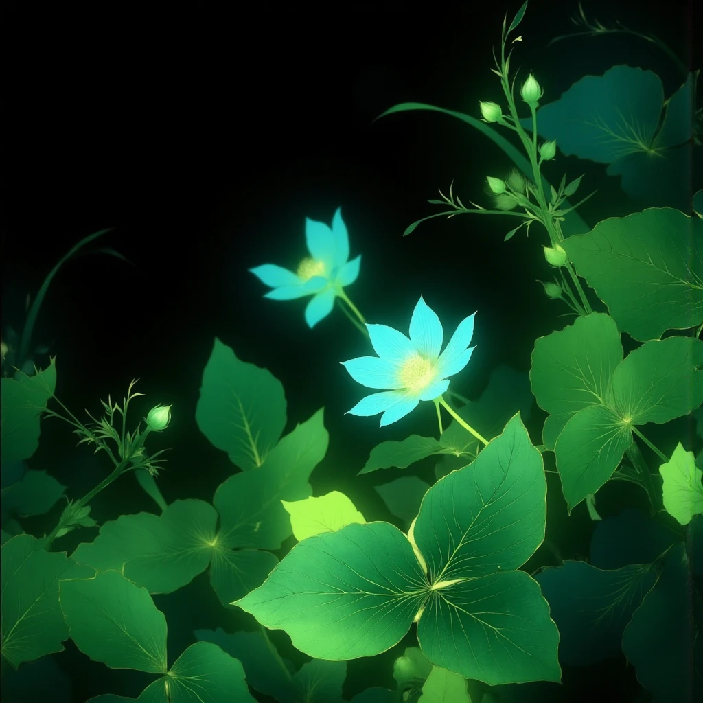 (traditonal chinese ink paiting),various glowing green neon leaves and flowers. The composition excludes any human figure, focusing entirely on a botanical theme. The leaves are semi-transparent with delicate veins and soft gradients, creating an ethereal and luminous effect. At the center of the image, a single blue flower glows brightly, drawing attention amidst the green elements. The background is solid black, enhancing the neon-like glow and serene atmosphere. The artwork uses a watercolor effect combined with soft digital airbrushing, emphasizing an airy, soothing visual with a harmonious balance of light and shadow.
INFO
