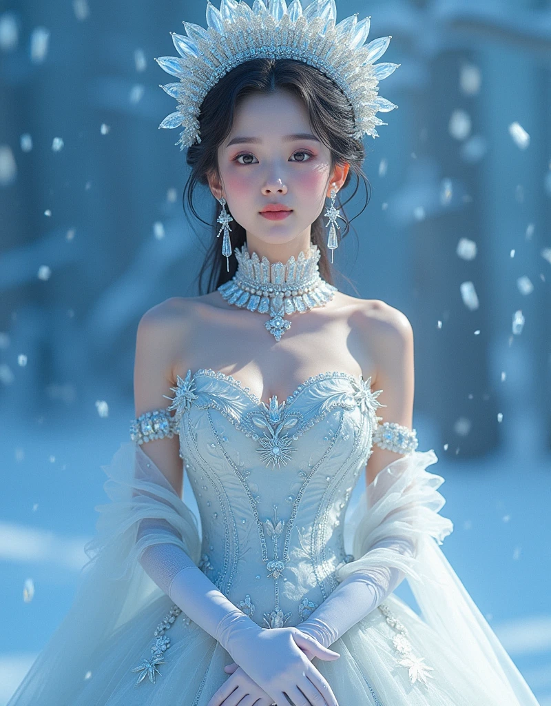  images of the mysterious Ice Queen ,  A Japanese woman in an elegant dress with crystal cube crystals and a classic snowflake pattern, The dress is embroidered with silver thread and ,  her chest and skirt are decorated with real cube-shaped crystal crystals ,  detailed decorations ,  There is a magnificent headdress made of cube-shaped crystal crystals around her head ,  and a large crystal crystal necklace on the neck ,  large cube-shaped crystal necklace on her neck ,  cube-shaped crystal earrings on her ears , white long gloves,  matches the overall theme ,   Her expression is gentle and noble , Her gaze radiates kindness , Blue background,  lots of cube-shaped crystal crystals pouring down ,  which accentuate the white and transparent shades of her outfit ,  detailed skin, 