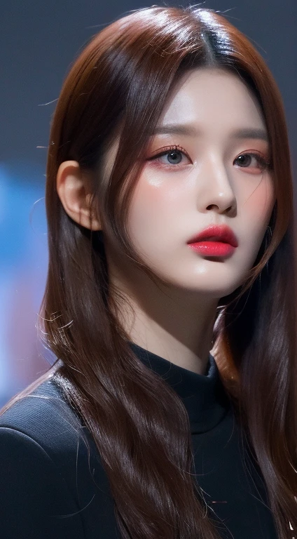 Best quality, masterpiece, ultra high res, (photorealistic:1.4), raw photo, 1girl, long straight black hair, makeup, parted lips,looking at viewer