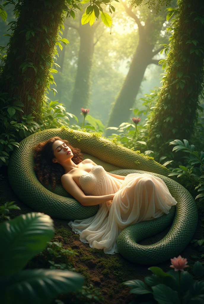 A beautiful brunette woman, being eaten by a giant pitcher plant