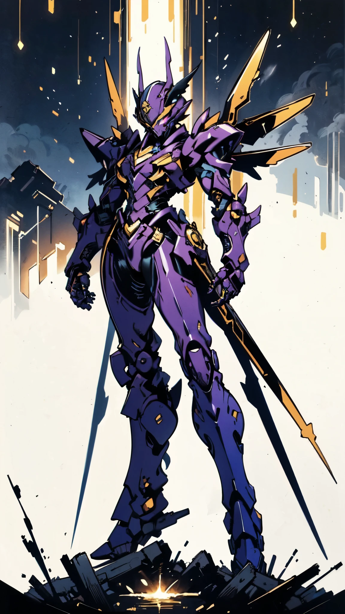 (masterpiece:1.5, best quality:1.5, extremely delicate:1.5), a woman wearing a full-face helmet, high-tech biomimetic armored combat suit, (a composite layered chest armor), the design balances heavy with agility, fully enclosed shoulder guards, matching arm and leg guards, a belt of gemstone, (the color scheme is primarily Purple with Blue and Yellow accents, Organic Biotech, Concept Inspired by succubus, glowing eyes, armor glows), stand of a futuristic sci-fi city, this character embodies a finely crafted fantasy-style armored hero in anime style, exquisite and mature art style, metallic, high definition, highres, ultra-detailed, ultra-fine painting, professional, perfect body proportions, golden ratio, anatomically correct, symmetrical face, extremely detailed eyes and face, high quality eyes, creativity, RAW photo, UHD, 32k, Natural light, cinematic lighting, (masterpiece-anatomy-perfect:1.2)