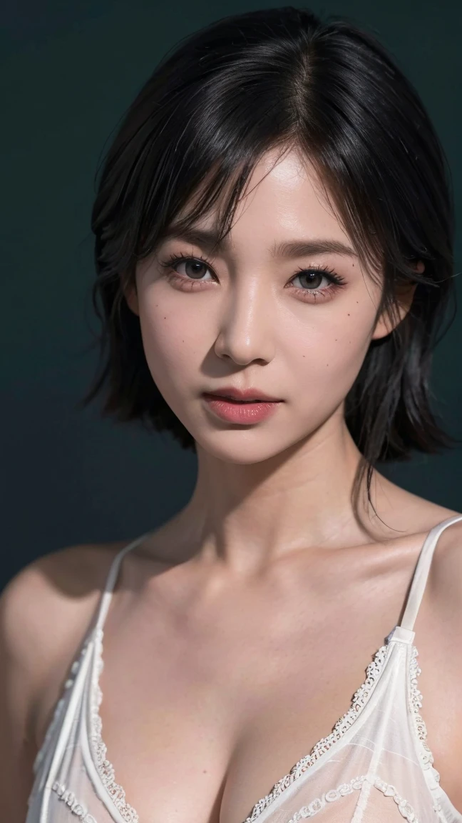 solo,  turning your gaze , Center parting shortcut,  high definition , masterpiece,  anatomically correct , accurate,  best quality,  Ultra High Definition,  textured skin, woman、 lingerie、45 years old、 simple background,  8k octane,  face close-up、