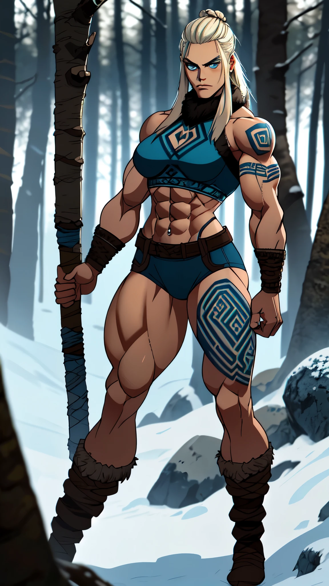 solo Female viking, (young:1.2), ((((massive female bodybuilder)))), wide hips, (wide shoulders), slim waist, (((Huge muscular ass))), ((((huge breasts:1.3)))), waist up, wearing brown furs and hides, (wearing furs:1.3) (blue norse tattoos:1.2), blue eyes, platinum blonde hair, (Dreadlocks:1.7), (Dreads:1.4), (Sideshave:1.6), warrior hair, Setting is a Scandinavian forest in winter, snow, bare arms, exposed naval, (abs:1.2). Highly detailed, norse, berserker, arm muscles, leg muscles, (bulky:1.2), leather straps, stocky, (tall:1.4)