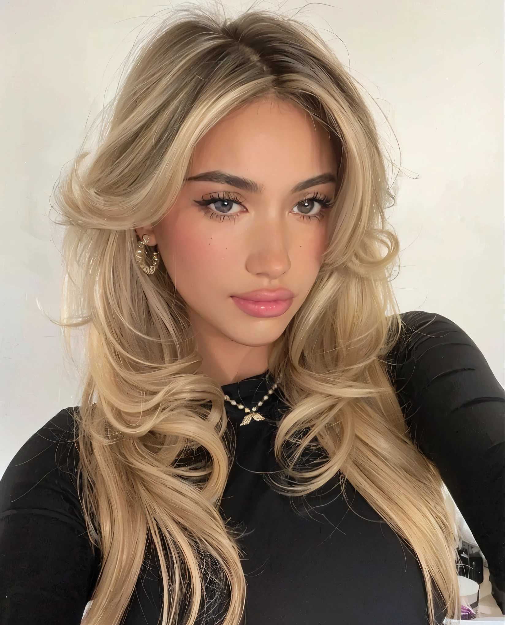 ((a blonde latin woman)), with big breasts, a beautiful body with long blonde hair, with beautiful honey colored eyes, big lips, a latin woman, big eyelashes professional makeup