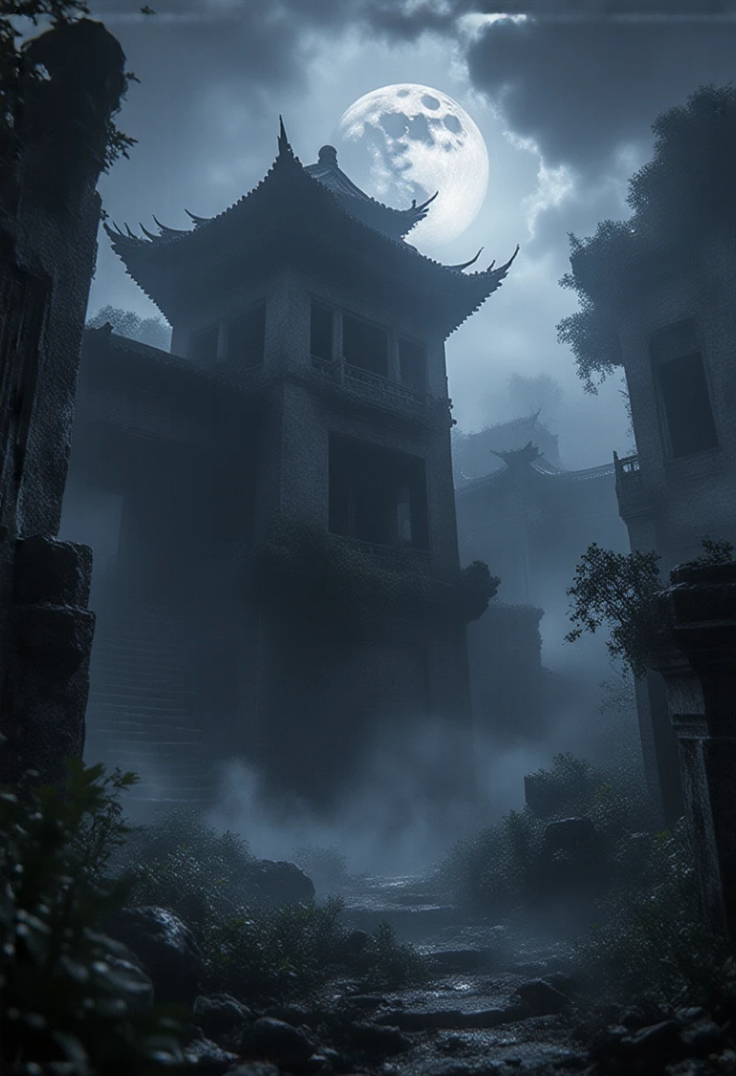 a haunted manor of the Qing dynasty, abandoned old manor, dark atmosphere, crumbling architecture, shafts of moonlight, eerie ambiance, intricate details, high quality, photorealistic, 8k, dramatic lighting, cinematic composition, muted color palette, moody and atmospheric, surreal and mysterious